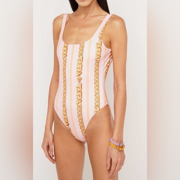Versace chain pinstripe one-piece swimsuit pink gold NWT - Picture 2 of 8